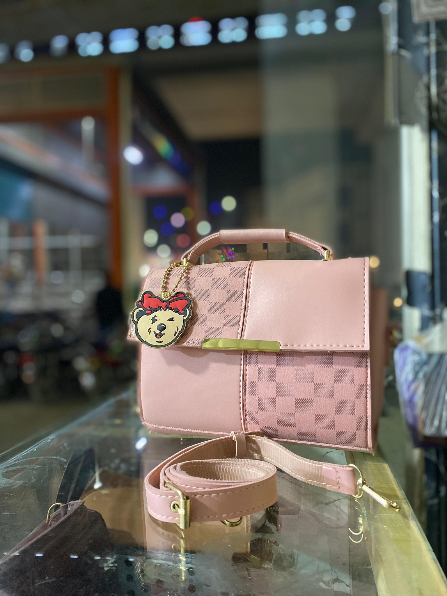 Checkered Mini Box Handbag with Bear Charm for Women – Crossbody Shoulder Bag | Rangdy