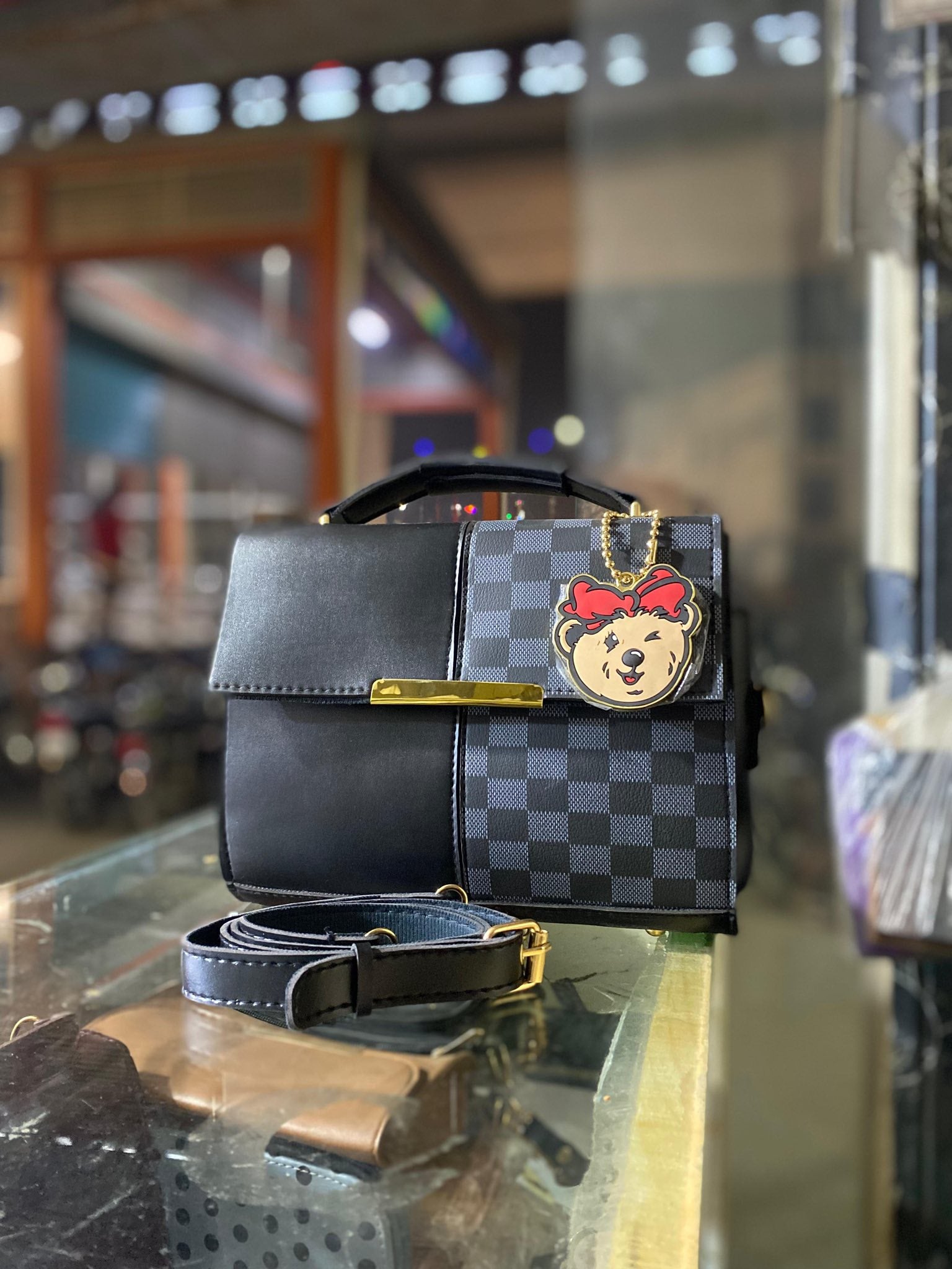 Checkered Mini Box Handbag with Bear Charm for Women – Crossbody Shoulder Bag | Rangdy