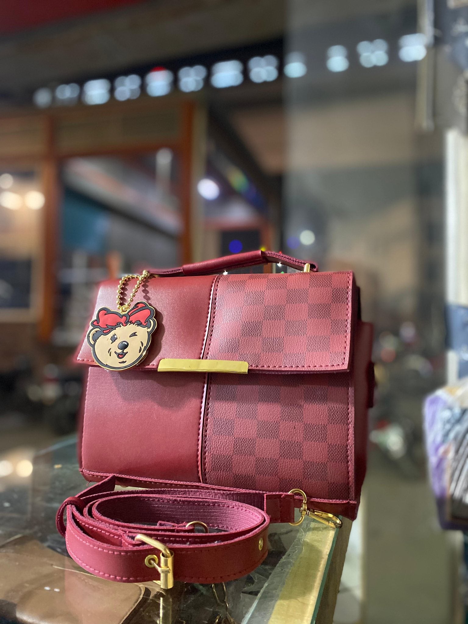 Checkered Mini Box Handbag with Bear Charm for Women – Crossbody Shoulder Bag | Rangdy