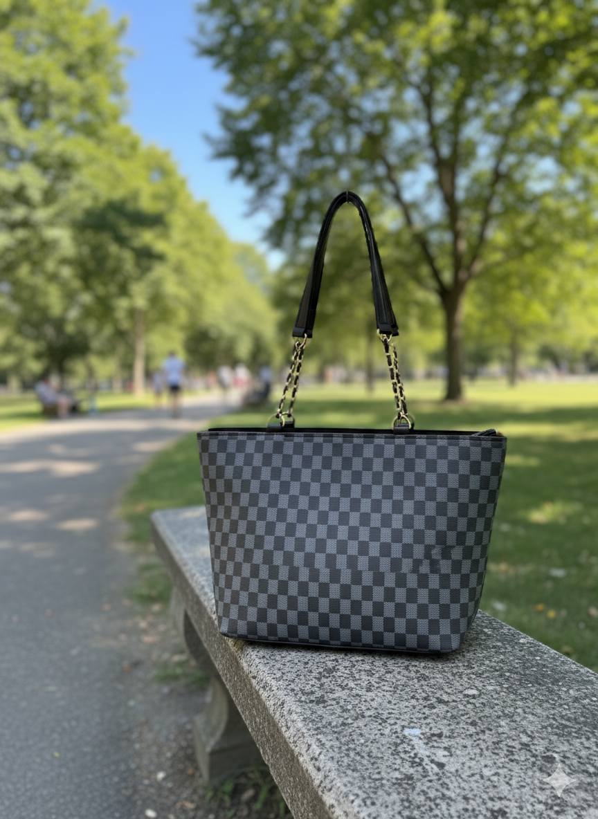 Checkered Print Tote Bag with Chain Handles | Luxury-Inspired Shoulder Bag for Women