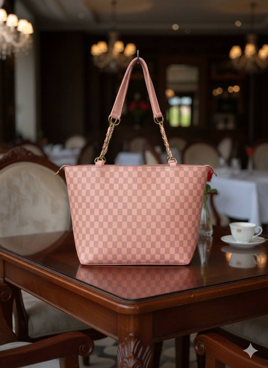 Checkered Print Tote Bag with Chain Handles | Luxury-Inspired Shoulder Bag for Women