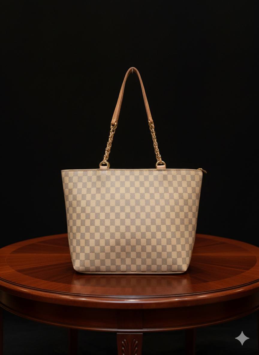 Checkered Print Tote Bag with Chain Handles | Luxury-Inspired Shoulder Bag for Women