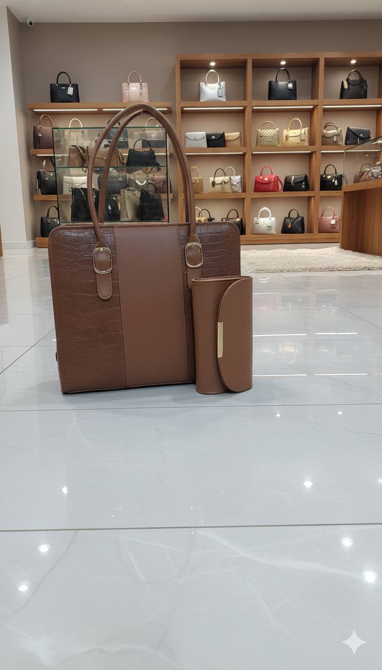 Croc-Embossed Structured Laptop Tote with Matching Clutch | Premium Office Handbag for Women