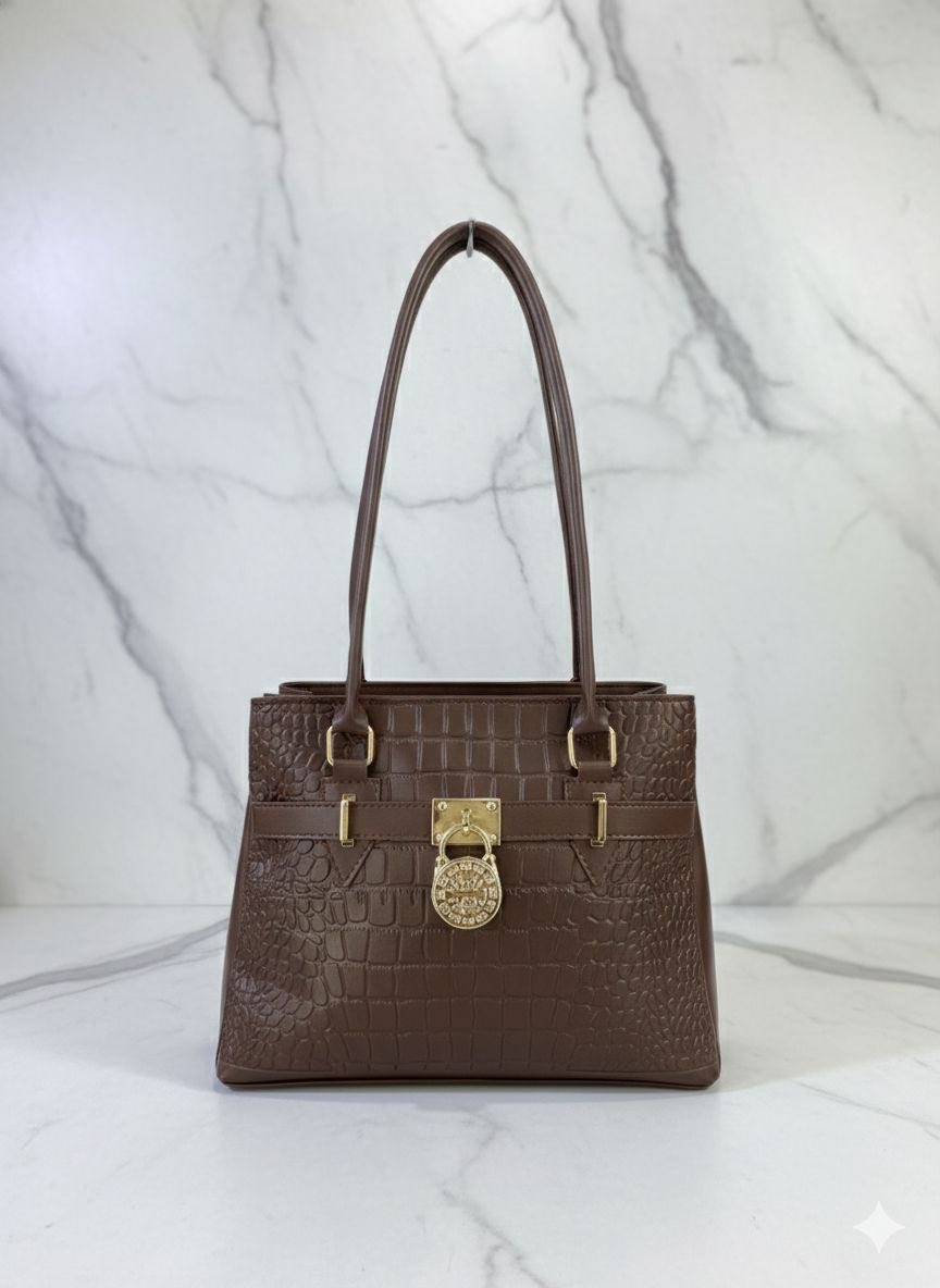 Croc Embossed Tote Handbag with Gold Padlock Charm for Women – Shoulder Bag | Rangdy