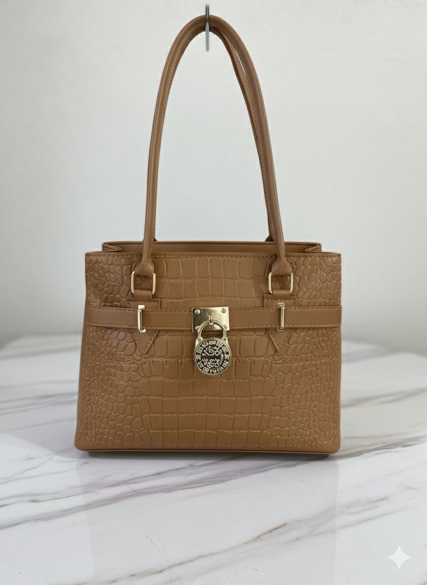 Croc Embossed Tote Handbag with Gold Padlock Charm for Women – Shoulder Bag | Rangdy