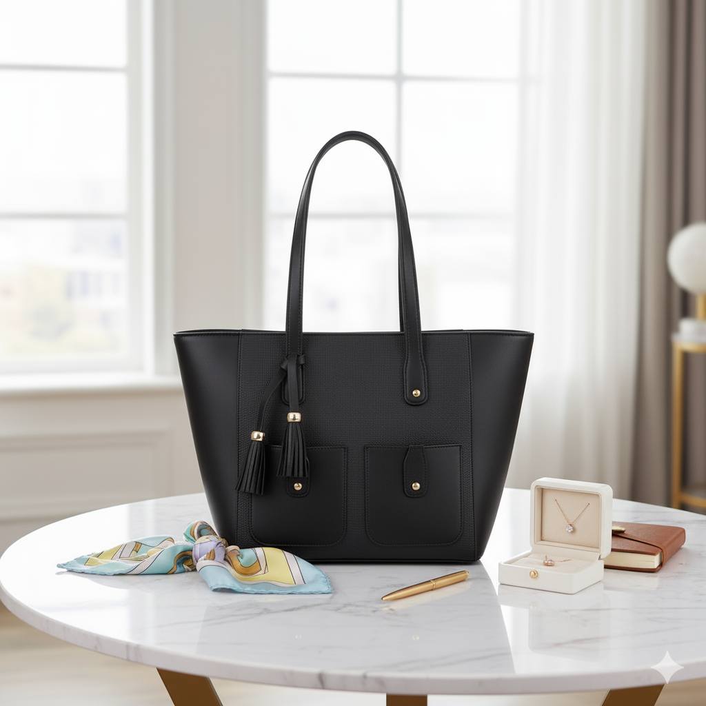Flared Shopper Tote with Twin Front Pockets & Tassel Charm | Spacious Faux Leather Handbag for Women