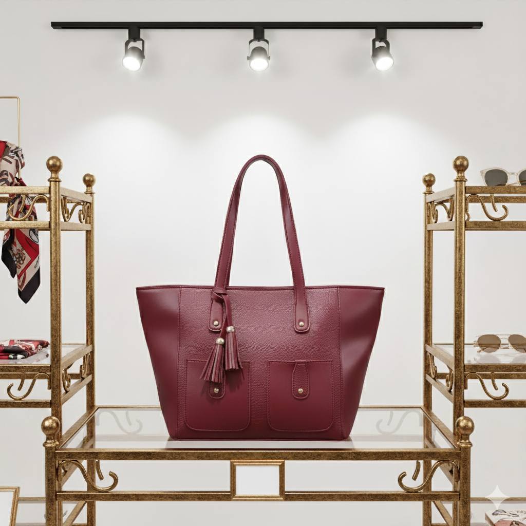 Flared Shopper Tote with Twin Front Pockets & Tassel Charm | Spacious Faux Leather Handbag for Women