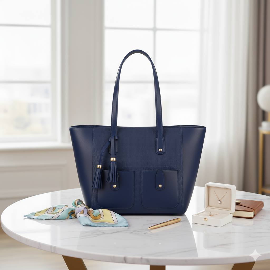Flared Shopper Tote with Twin Front Pockets & Tassel Charm | Spacious Faux Leather Handbag for Women