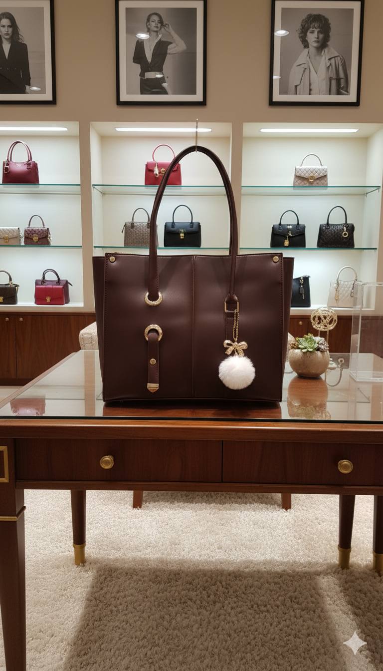 Soft Shoulder Tote Bag with Pom-Pom Charm | Gold Grommet Women's Handbag