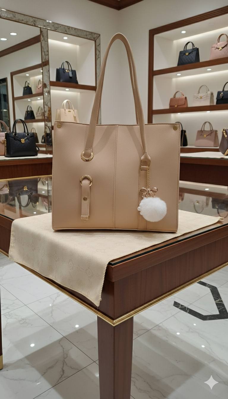 Soft Shoulder Tote Bag with Pom-Pom Charm | Gold Grommet Women's Handbag
