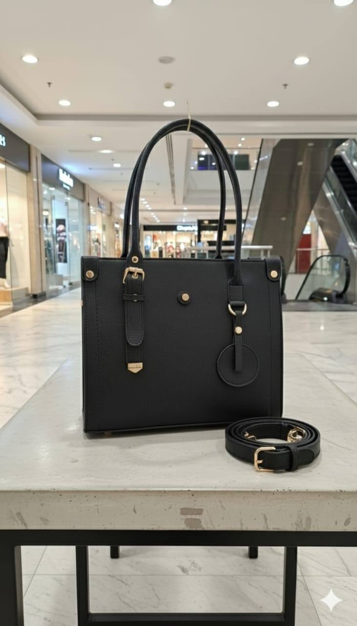 Structured Handbag with Buckle Strap & Keychain Charm for Women | Rangdy