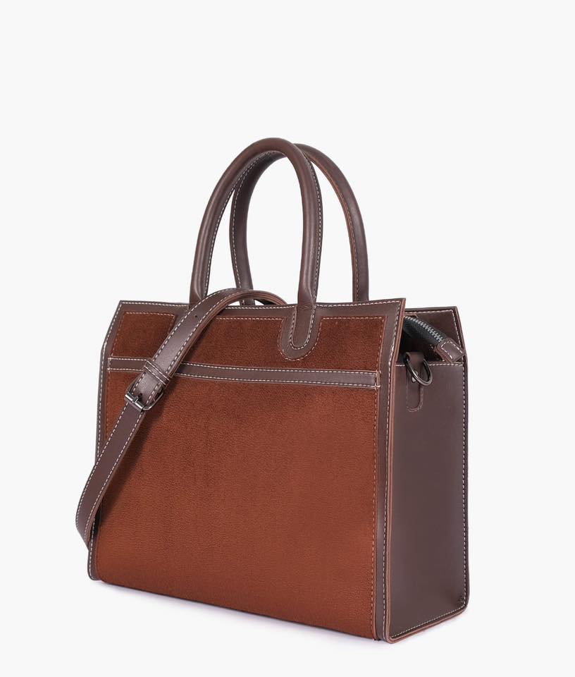 Suede & Leather Color-Block Tote Bag with Contrast Stitching for Women | Rangdy