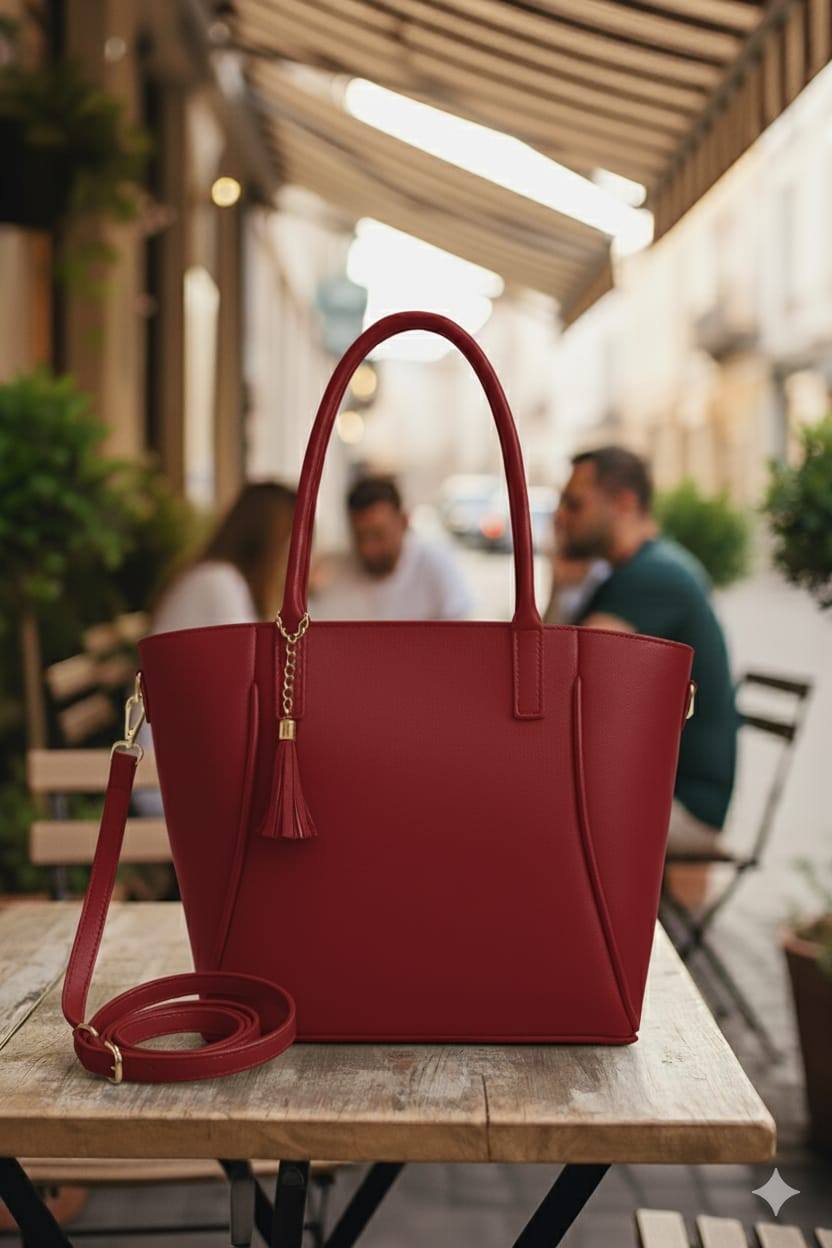 Trapezoid Shopper Tote with Gold Tassel Charm | Tapered Faux Leather Handbag for Women