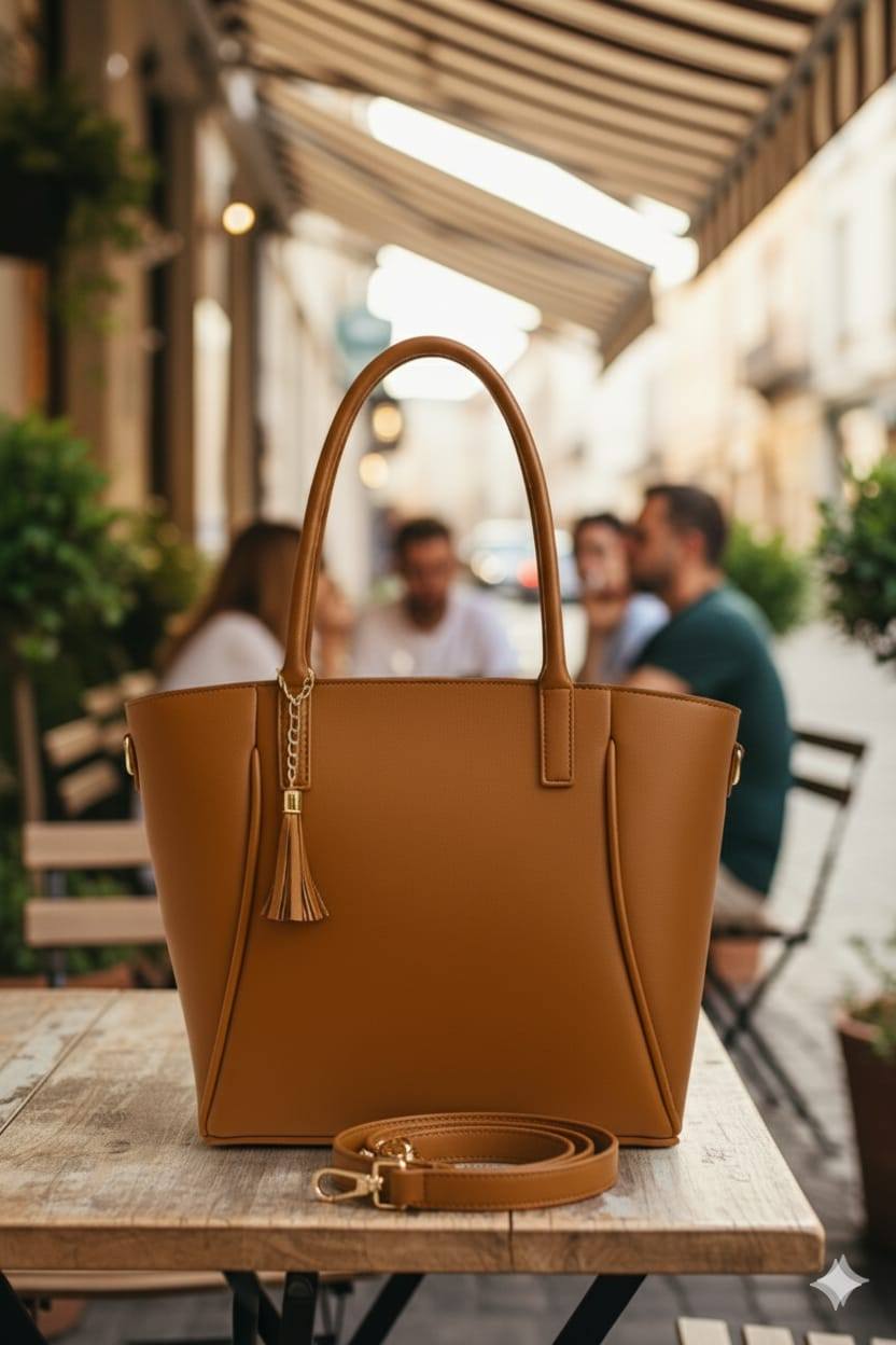 Trapezoid Shopper Tote with Gold Tassel Charm | Tapered Faux Leather Handbag for Women