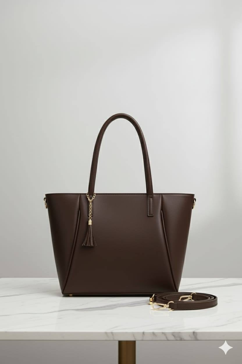 Trapezoid Shopper Tote with Gold Tassel Charm | Tapered Faux Leather Handbag for Women