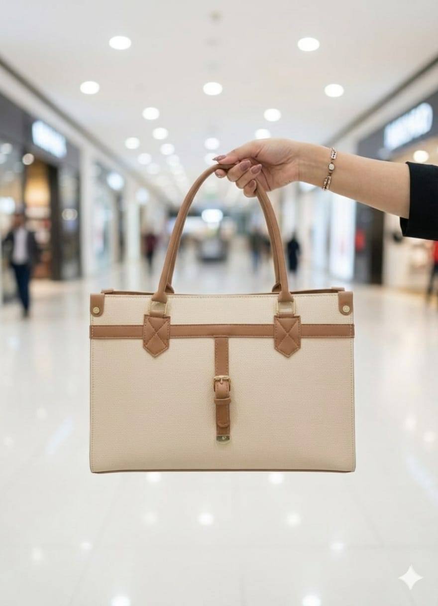 Two-Tone Structured Tote Bag with Buckle Front for Women | Rangdy