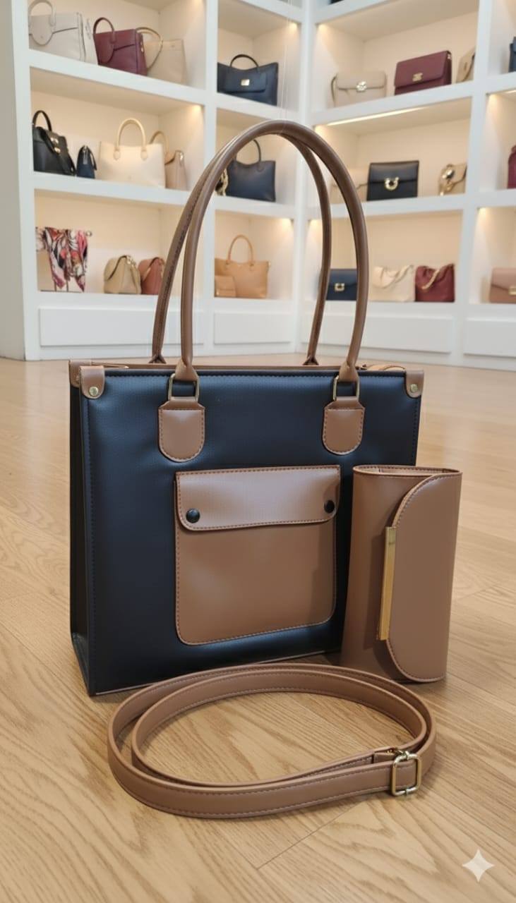 Two-Tone Structured Tote with Matching Clutch | Contrast Pocket Designer-Inspired Handbag Set for Women