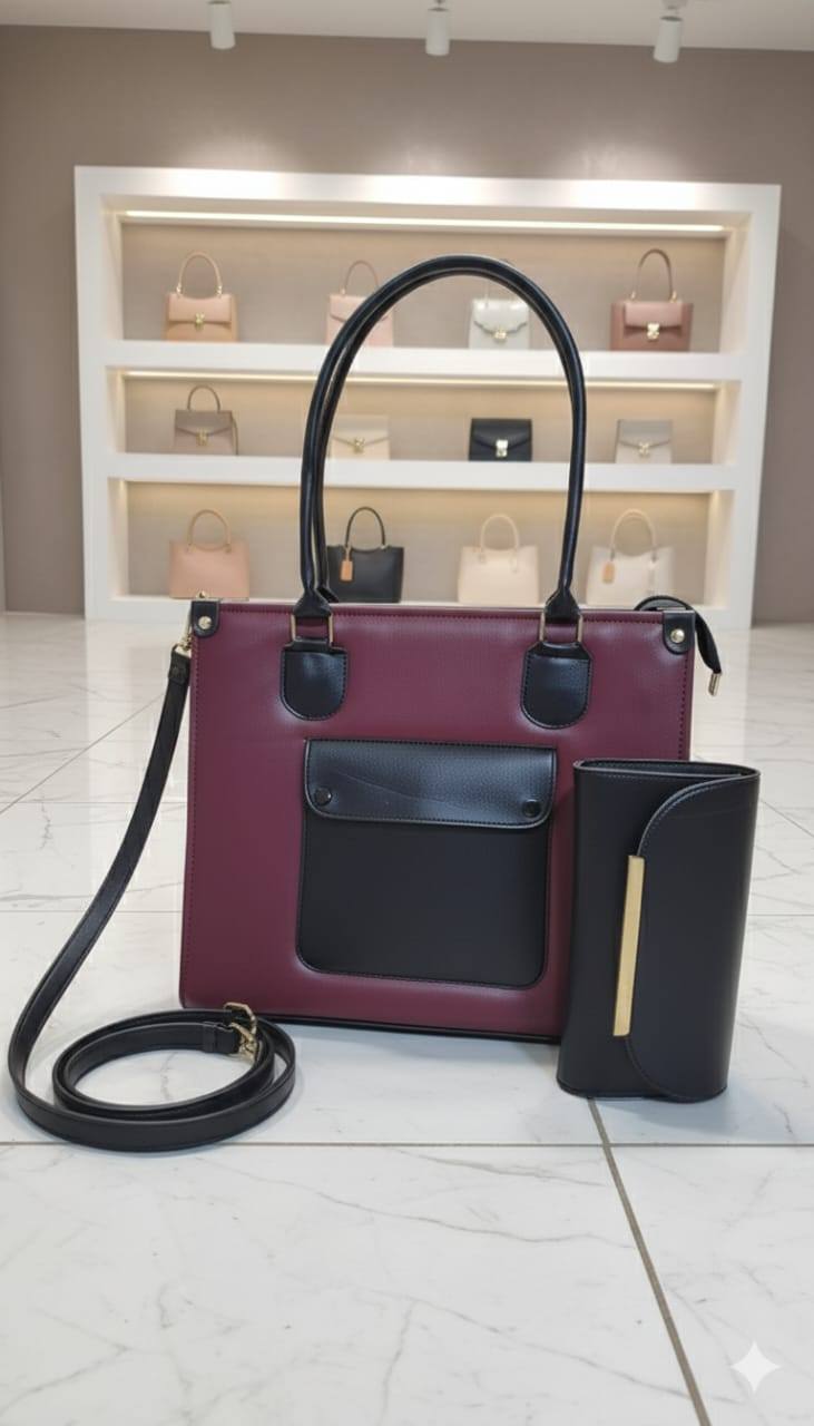 Two-Tone Structured Tote with Matching Clutch | Contrast Pocket Designer-Inspired Handbag Set for Women