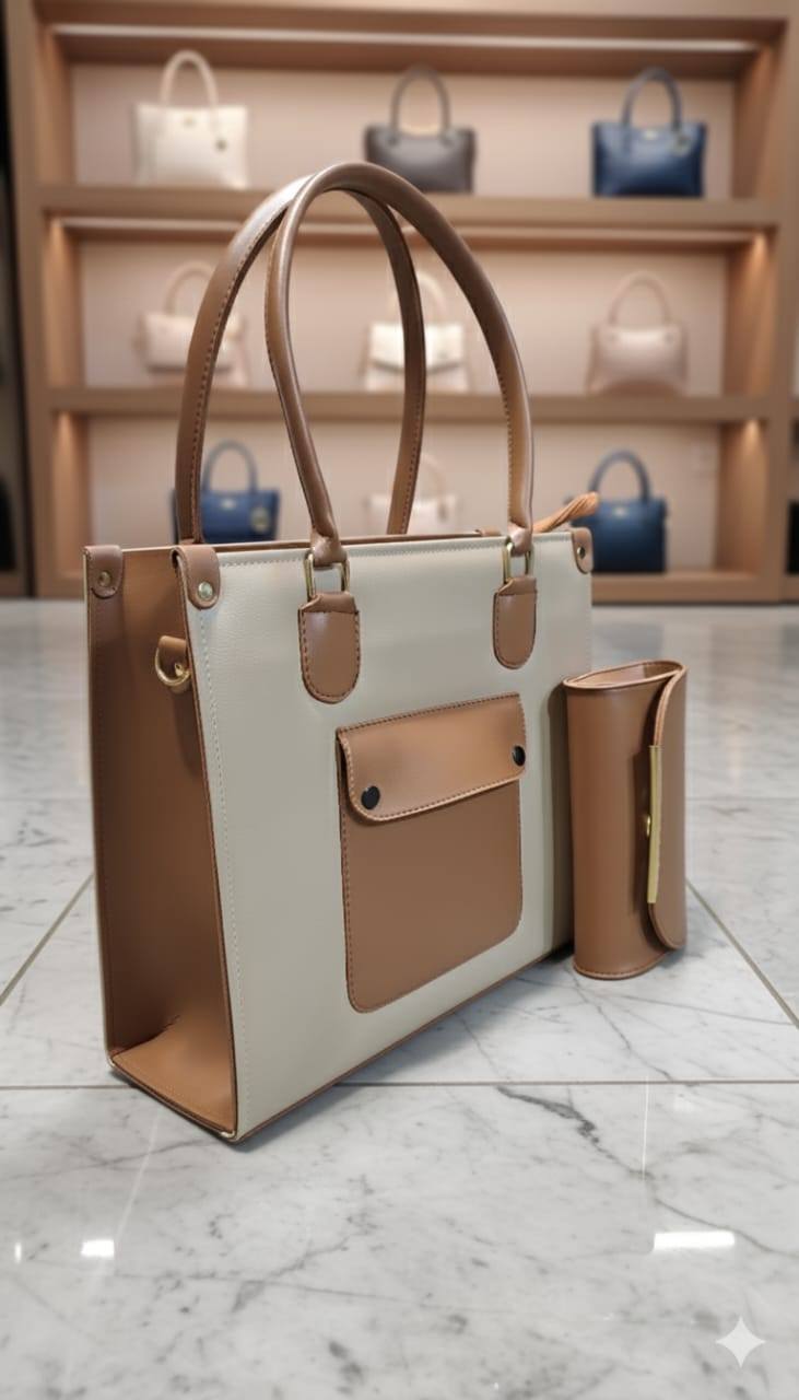 Two-Tone Structured Tote with Matching Clutch | Contrast Pocket Designer-Inspired Handbag Set for Women