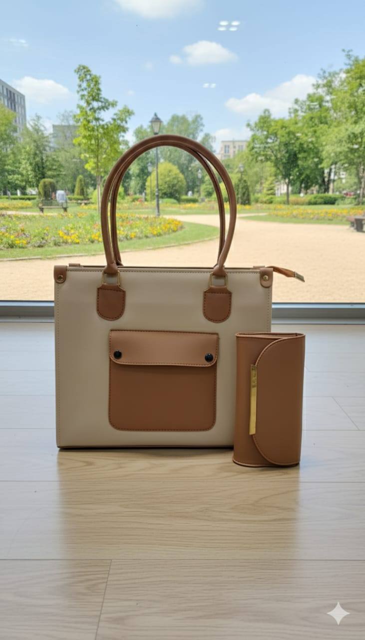 Two-Tone Structured Tote with Matching Clutch | Contrast Pocket Designer-Inspired Handbag Set for Women