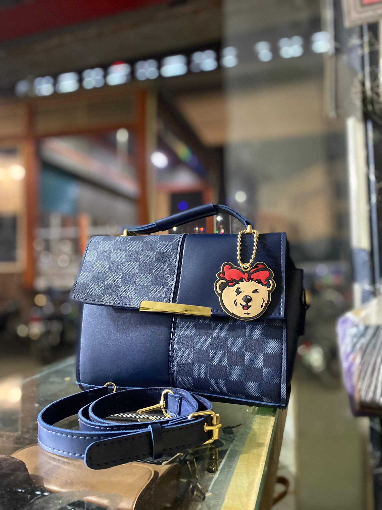 Checkered Mini Box Handbag with Bear Charm for Women – Crossbody Shoulder Bag | Rangdy