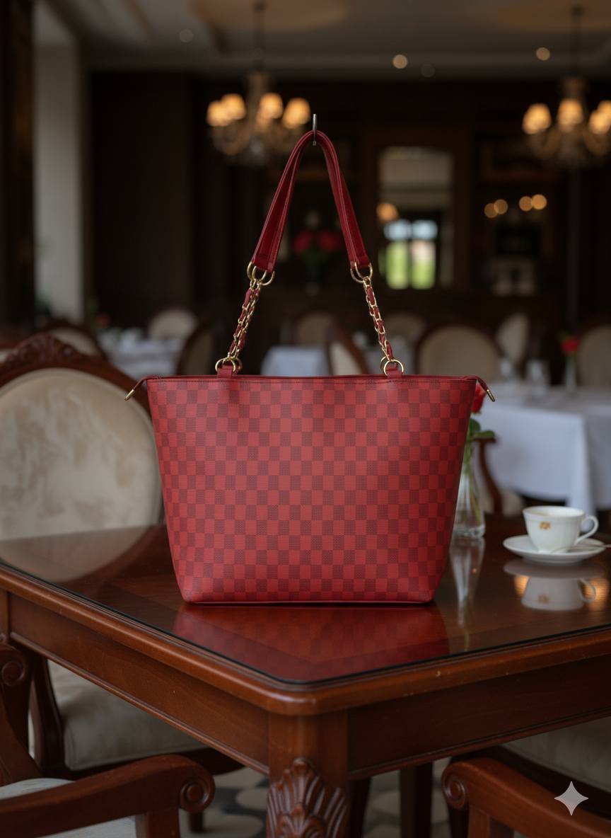Checkered Print Tote Bag with Chain Handles | Luxury-Inspired Shoulder Bag for Women