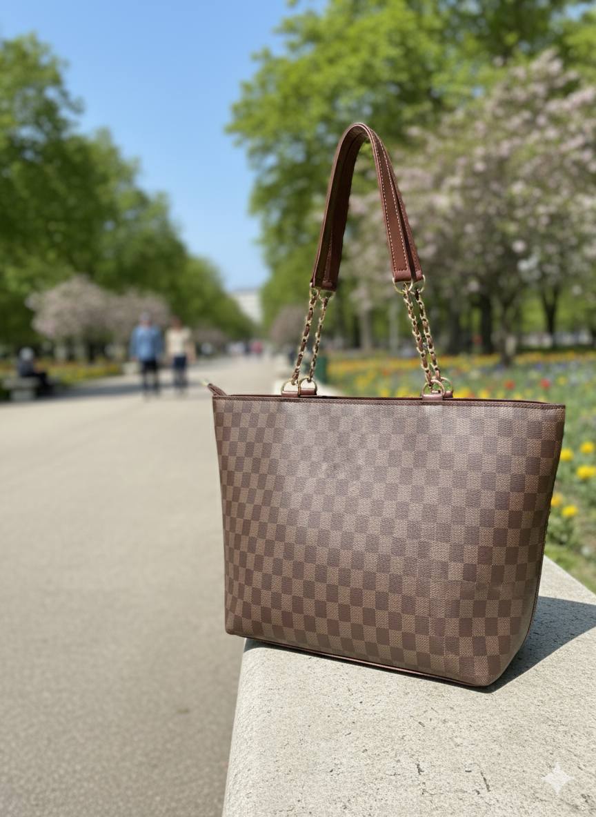 Checkered Print Tote Bag with Chain Handles | Luxury-Inspired Shoulder Bag for Women