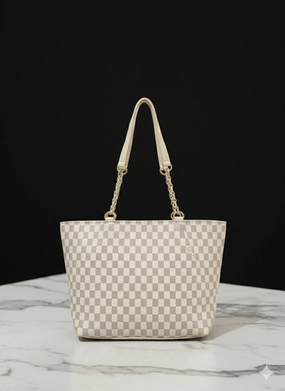 Checkered Print Tote Bag with Chain Handles | Luxury-Inspired Shoulder Bag for Women