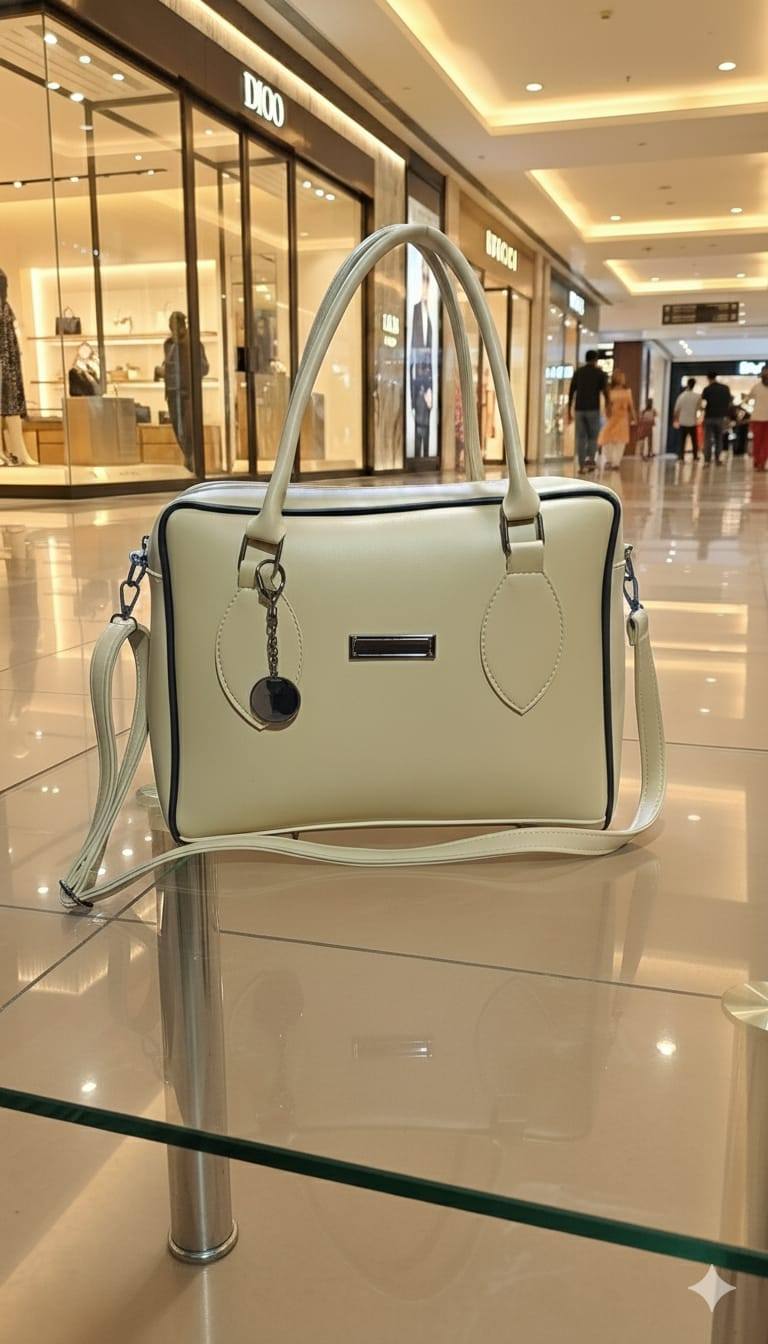 Classic Boxy Bowler Handbag with Contrast Piping & Silver Charm | Rangdy