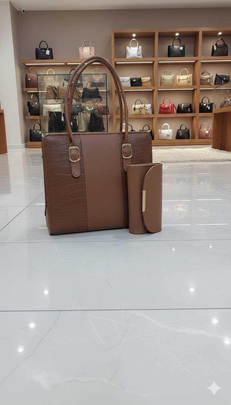 Croc-Embossed Structured Laptop Tote with Matching Clutch | Premium Office Handbag for Women
