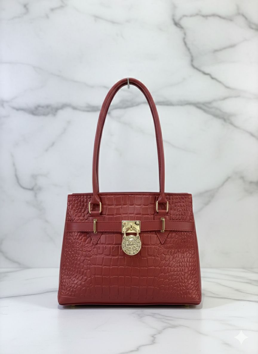 Croc Embossed Tote Handbag with Gold Padlock Charm for Women – Shoulder Bag | Rangdy
