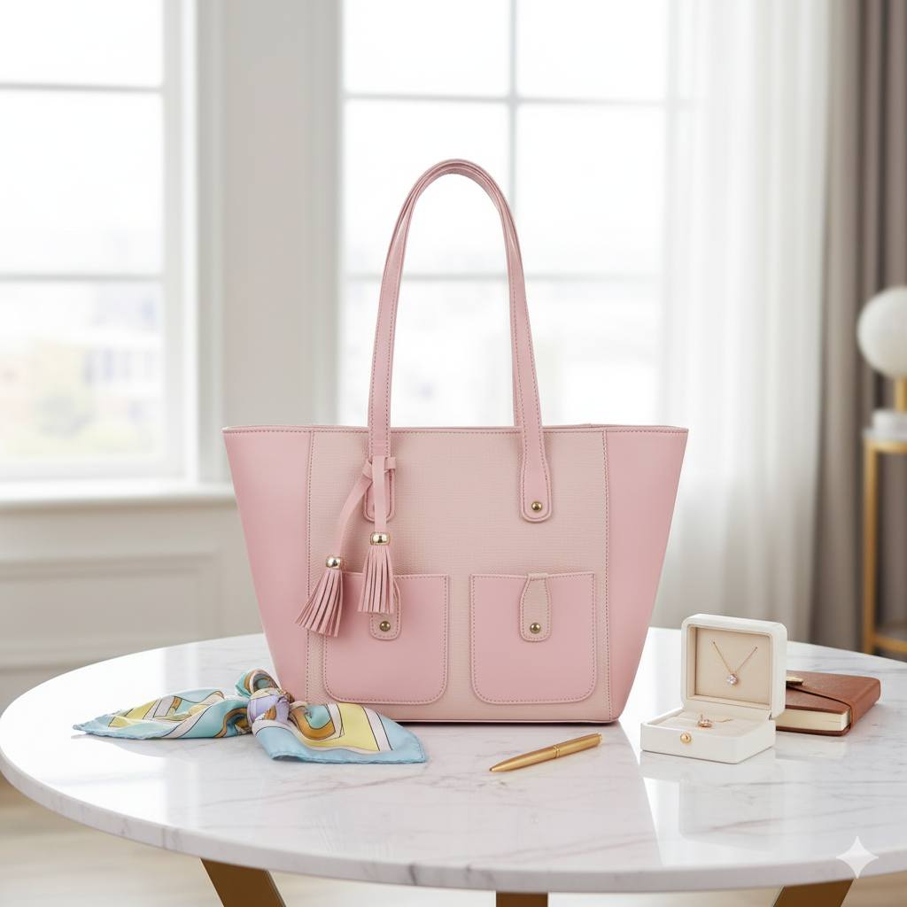 Flared Shopper Tote with Twin Front Pockets & Tassel Charm | Spacious Faux Leather Handbag for Women