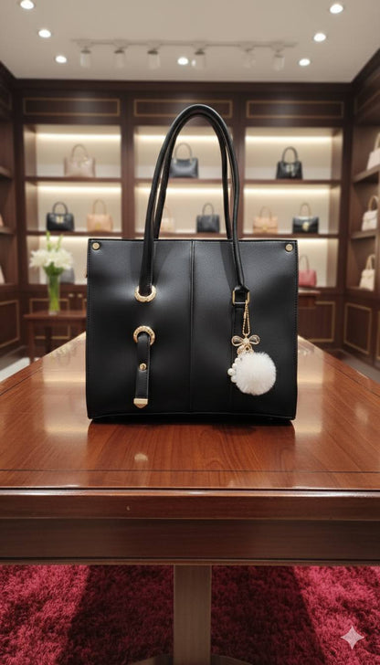 Soft Shoulder Tote Bag with Pom-Pom Charm | Gold Grommet Women's Handbag