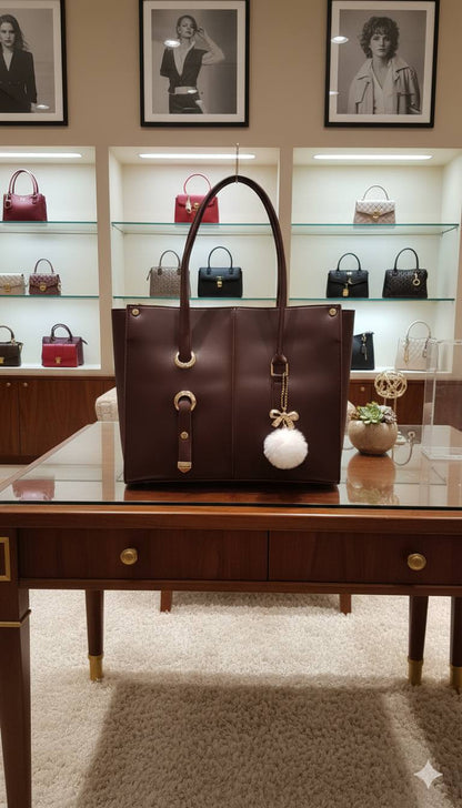 Soft Shoulder Tote Bag with Pom-Pom Charm | Gold Grommet Women's Handbag
