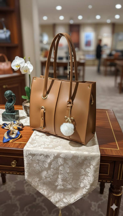 Soft Shoulder Tote Bag with Pom-Pom Charm | Gold Grommet Women's Handbag