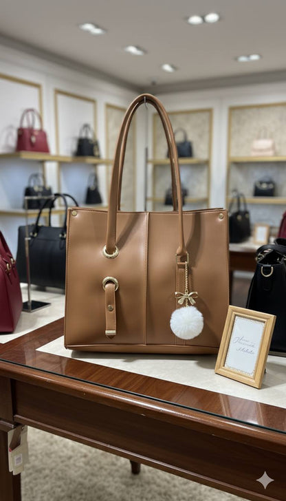 Soft Shoulder Tote Bag with Pom-Pom Charm | Gold Grommet Women's Handbag