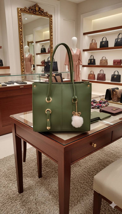 Soft Shoulder Tote Bag with Pom-Pom Charm | Gold Grommet Women's Handbag