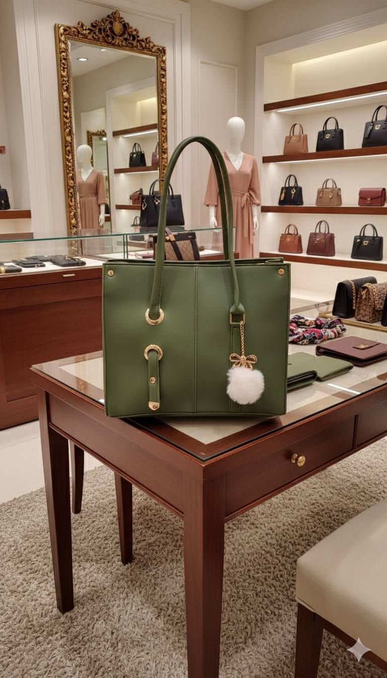 Soft Shoulder Tote Bag with Pom-Pom Charm | Gold Grommet Women's Handbag