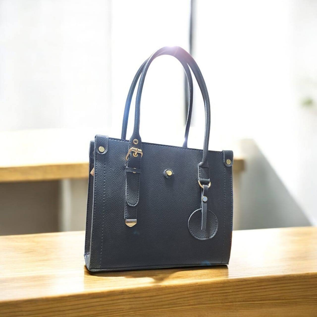 Structured Handbag with Buckle Strap & Keychain Charm for Women | Rangdy