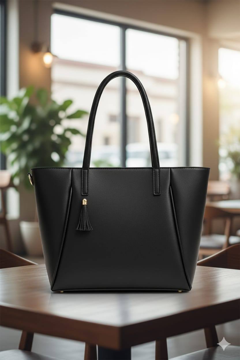 Trapezoid Shopper Tote with Gold Tassel Charm | Tapered Faux Leather Handbag for Women