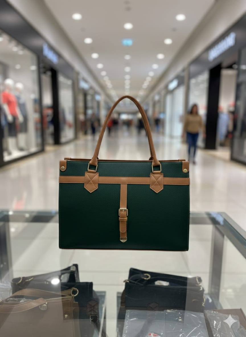 Two-Tone Structured Tote Bag with Buckle Front for Women | Rangdy